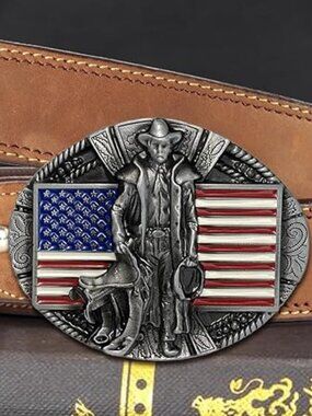 American Cowboy with Flag Belt Buckle Silver With Red White Blue